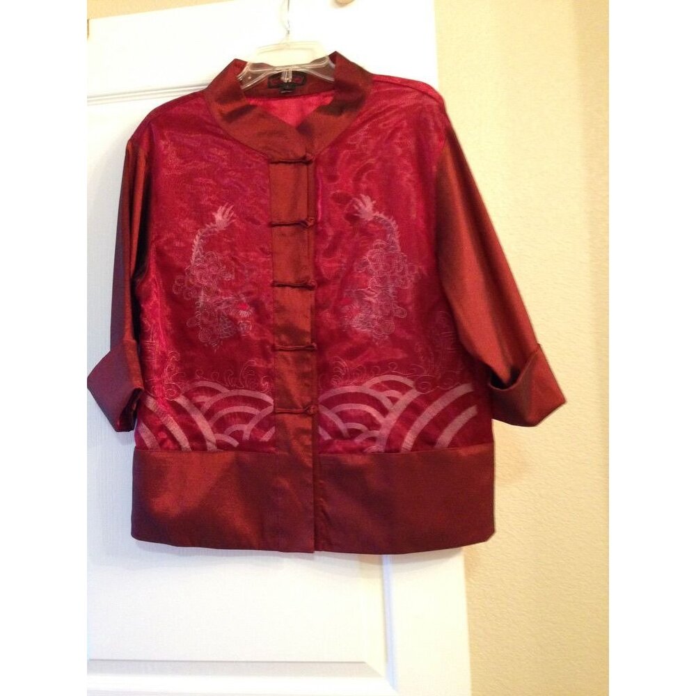 Unique Garnet Red Organza Fabric Over Embroidered Satin Mandarin Jacket. Sz: S/M